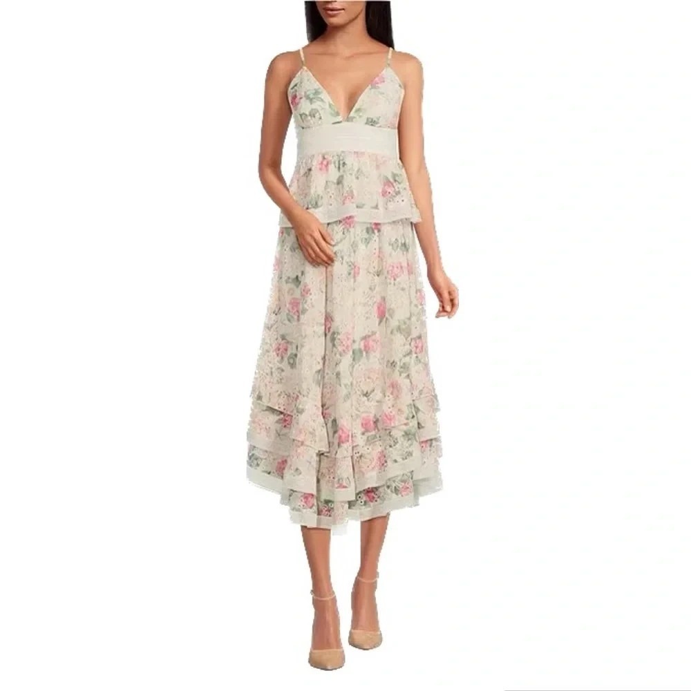 Gianni Bini Midori Floral Chiffon Dress Size 4 Midi Tiered Hemline NWT
